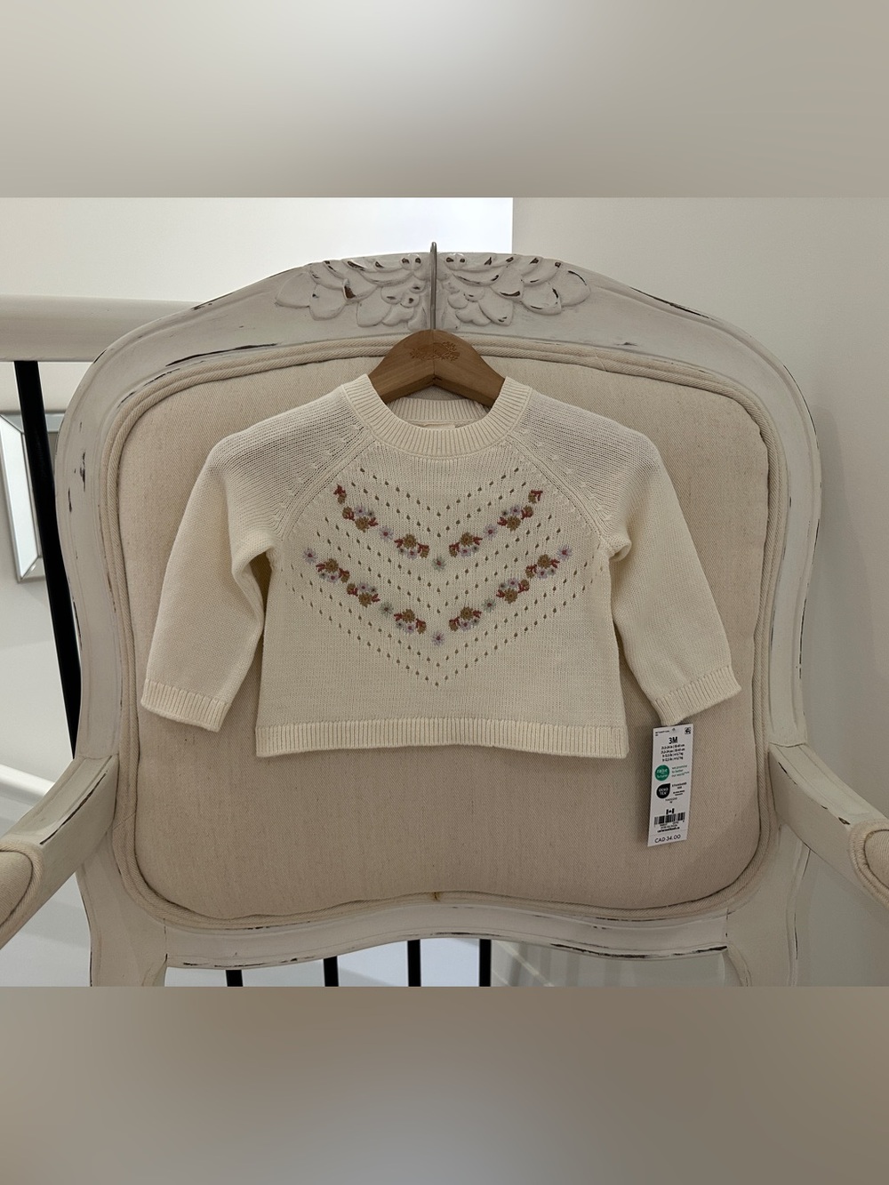 🤍 3 Mth 100% Cotton Ivory~Cream Floral-Embroidered Pointelle Baby Sweater NWT